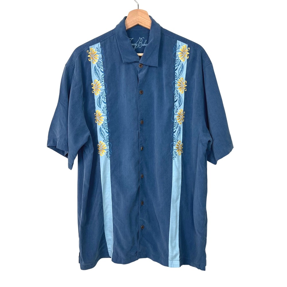 Tommy Bahama Mens XL Blue 100% Silk Embroidered Floral Panel Camp Shirt